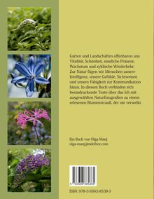 Texte über Natur und Blumen, Buch von Olga Manj. Vier Blumenfotos links, ISBN: 978-3-6963-8538-5.