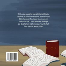 Text: Philo, eine Siebenschläferin, entdeckt eine geheime Bibliothek voller Abenteuer. Illustration von Büchern.