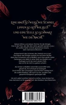 Ein Text in verschnörkelter Schrift: "Eine Haut so weiß wie Schnee, Lippen so rot wie Blut und eine Seele so schwarz wie die Nacht." Darunter: Eine mystische Geschichte über Opfer und Schicksal. Rote Blätter umrahmen die Szene.