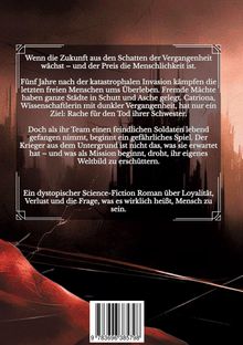 Text über dystopischen Science-Fiction, Rache und Loyalität, auf dunklem Hintergrund mit skizzenhaften Architekturstrukturen.