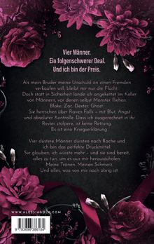 "Vier Männer. Ein folgenschwerer Deal. Und ich bin der Preis." Dunkle, violette Blumen auf schwarzem Hintergrund.
