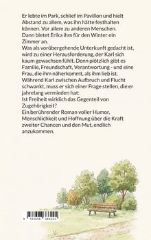 Ein Text beschreibt einen Mann im Park, der Abstand hielt, ein Zimmerangebot und die Frage nach Freiheit und Zugehörigkeit. Illustration: Parkbank und Bäume.