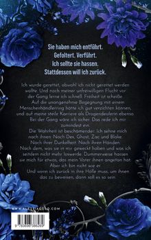 Texte über Entführung, Folter, Verführung und eine Rückkehr. Hintergrund mit blauen Blumen und dekorativem Muster.