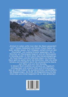 Eine Wanderbeschreibung über die Alpen wird gegeben. Oben ein Foto von Bergen unter einem bewölkten Himmel.