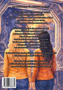Texte beschreiben ein episches All-Age-Abenteuer in den Weiten des Alls. Zwei Personen stehen vor einem sternenreichen Hintergrund.