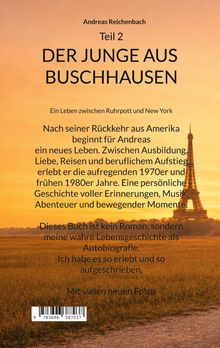 Ein Buchcover mit Text über eine autobiografische Geschichte zwischen Ruhrpott und New York, vor dem Eiffelturm.