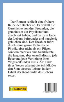Der Text beschreibt einen Roman über drei Freunde und ihr Physikstudium. Unten ist ein Naturics-Logo.