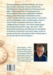 Ein Text beschreibt Peterchens Abenteuer und seine Kindheit nach dem Krieg. Darunter ein Bild eines älteren Mannes mit Brille.