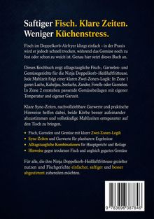 Ein Text beschreibt ein Kochbuch für Fisch- und Gemüsegerichte, optimiert für eine Heißluftfritteuse mit Zwei-Zonen-Logik.