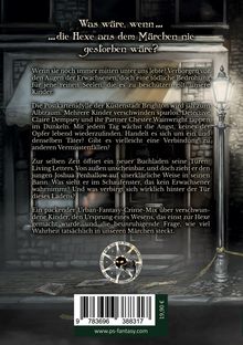 Text über eine Hexe, Mysterien in Brighton, verschwundene Kinder und ein geheimnisvoller Buchladen. Im Hintergrund dunkle Straße.