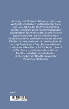 Text: Buch über Weihnachtsgeschichten und Gedichte, Titel "Dezemberträume", 9,90 €. Blauer Hintergrund mit Barcode.