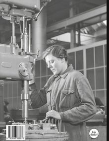 Text: "fein dunkel". Eine Person in Arbeitskleidung bedient eine große Maschine in einer Fabrikumgebung.