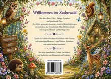 "Willkommen im Zauberwald!" Text umrahmt von Blumen. Eine Eule, Eichhörnchen, Igel und Reh umgeben von Waldszenen.