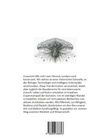 Text spricht über Zuversicht, Evolution und Wandel. Illustration eines verzweigten Organismus. Unten ein Barcode.