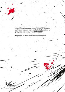 Schwarzer Text auf weißem Hintergrund: Webadresse und Verweis auf Strubbelpeterchen, rote und schwarze Spritzer ringsum.
