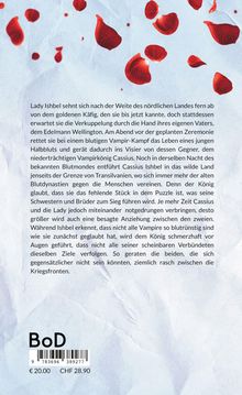Text über Lady Ishbels Abenteuer und Konflikte. Rote Rosenblätter auf hellem Hintergrund. BoD-Logo unten.
