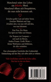 Text über Entscheidungen im Leben, Liebe, Verrat und Mut. Zwei rote Rosenblüten und ein Herzsymbol. ISBN unten rechts.