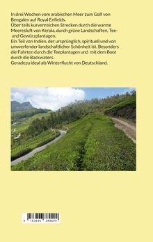 Text: Motorradtour von Arabischem Meer zu Bengal auf Enfields. Indiens Landschaft, Teeplantagen, idealer Winterfluchtort. Unten: Ein Foto mit einer kurvigen Straße durch grüne Teeplantagen unter blauem Himmel.