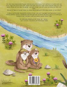 Text: "Am Ufer eines malerischen Flusses lebt die kleine Otterfamilie..." Illustration: Drei fröhliche Otter bei einem Fluss, umgeben von Blumen.