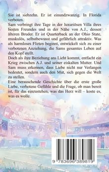 Text über eine verbotene Liebe, mutige Entscheidungen und emotionale Konflikte. Aquarellstil mit Gebäuden und Barcode unten.