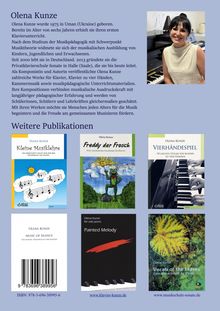 Texte: Olena Kunze, Freddy der Frosch, Kleine Musiklehre, Vierhandspiel, Painted Melody. Oben ein Foto einer Frau am Klavier.