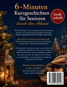 Ein Buchumschlag mit dem Titel: "6-Minuten Kurzgeschichten für Senioren durch den Advent". Enthält 24 Weihnachtsgeschichten.