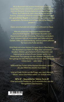 Text zitiert ein neues Fieber in Butzbach, das Chaos verursacht. Erik entkommt, während die Pandemie sich weltweit ausbreitet. Hintergrund zeigt einen nebligen Wald und einen Zaun.