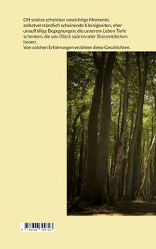 Text beschreibt, wie kleine Momente unserem Leben Tiefe geben. Rechts ein Foto von hohen Bäumen in einem Wald.