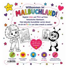 „Willkommen im MALBUCHLAND! Begleite Lina und Mimi... Farbe zum Leben erweckt zu werden!“ Illustration mit Kindern.