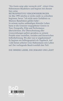 Ein Buchrückentext über Gino Hahnmanns künstlerisches Leben und sein Projekt der Selbstbefreiung. Unten ist ein Barcode.