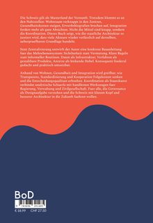 Text über die Herausforderungen in der Schweiz und Lösungsansätze. Roter Hintergrund mit abstrakten blauen Formen.