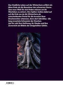 Ein Text beschreibt das Ende des friedlichen Lebens auf einer Winterfarm wegen einer Invasion. Unten eine Fantasy-Illustration mit einem Drachen und einer Frau in eleganter Kleidung.