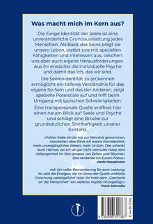 Ein blauer Hintergrund mit gelben Rand. Text: "Was macht mich im Kern aus?" über Seelenidentität und individuelle Psyche. Zitate von Varda Hasselmann und Frank Schmolke.