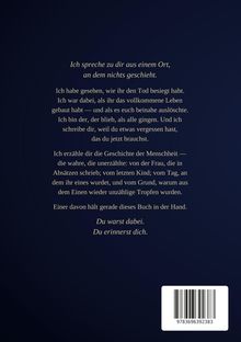 Ein Barcode unten rechts. Text spricht von Erinnerung, Menschheitsgeschichte und einem Buch in der Hand.
