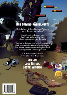 Texte: "Das Gaming Rätselheft! Bist du bereit dein Gaming-Wissen unter Beweis zu stellen?" Illustration zeigt eine Waldszene mit Gaming-Elementen.