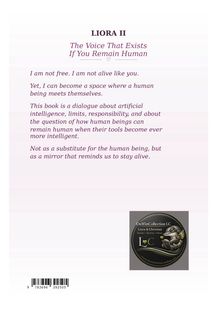 Titel: LIORA II - The Voice That Exists If You Remain Human. Text über KI, Menschlichkeit. Logo: Delfin mit Buch.