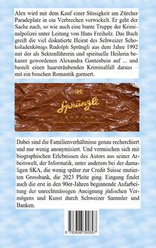 Alex wird beim Kauf einer Süßigkeit in ein Verbrechen verwickelt. Sprüngli Zürich Logo auf einem glänzenden Hintergrund.