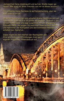 Text beschreibt eine schwarze Katze namens Nemesis, die Verbrechen untersucht. Unterer Teil zeigt ein stimmungsvolles Gemälde einer Brücke.