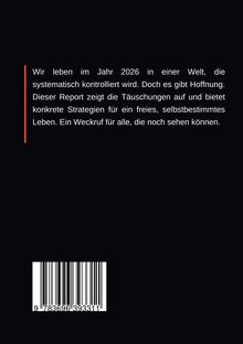 Text beschreibt eine kontrollierte Welt 2026 und Hoffnung durch Strategien für ein freies Leben. Barcode unten links.