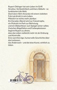 Text: "Rupert Ottinger hat sein Leben im Griff... zu leben." Darunter eine Illustration: Ein violettes Fahrrad vor einer Pizzeria.
