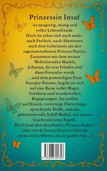 Text: Beschreibung eines Abenteuers der Prinzessin Insaf, voller Magie, Gefahren und geheimnisvollen Begegnungen. Verziert mit Schmetterlingen.