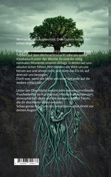 Ein Baum mit grüner Krone, dessen Wurzeln Menschen formen, vor wolkigem Himmel. Texte über Wahrnehmung und Psychothriller.