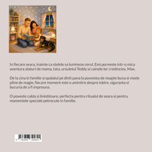 Text: Eine rührende Geschichte über die Abendrituale einer Familie, um Liebe und Zusammenhalt durch magische Geschichten zu erleben. Illustration: Eine Familie liest ein Buch mit einem Hund und Spielzeug im Kinderzimmer.