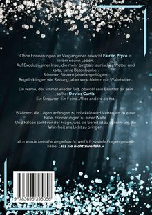 Text beschreibt eine mysteriöse, gefährliche Situation um Falcon Pryce, bezogen auf Lügen, Regeln und eine Insel namens Exodus.