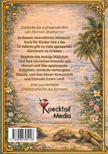 Text beschreibt ein Kinderbuchabenteuer auf Hawaii mit Tieren. Blumige Verzierung, Palme und Tiere unten. Logo "Roecktail Media".