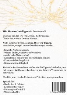 Text über die Bedeutung von Human-Intelligenz und Lernmethoden, mit einer Liste von Fähigkeiten. Dekoratives Netzwerk-Muster.