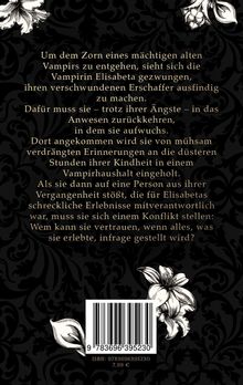 Text über die Vampirin Elisabeta und ihre Herausforderungen. Schwarzer Hintergrund mit weißen Blumenillustrationen.