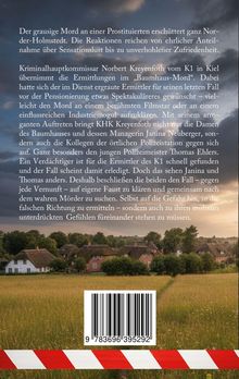 Text über einen Mordfall in Norddeutschland. Darunter eine idyllische Landschaft mit Reetdachhäusern und rotem Absperrband.