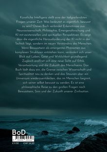 Text beschreibt philosophische Fragen zu KI, Bewusstsein und Menschsein. Im Hintergrund stürmische Meereslandschaft.