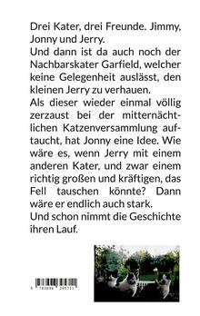 Text beschreibt drei Katzenfreunde und ihre Abenteuer. Unten ist ein Foto von drei Katzen im Freien.